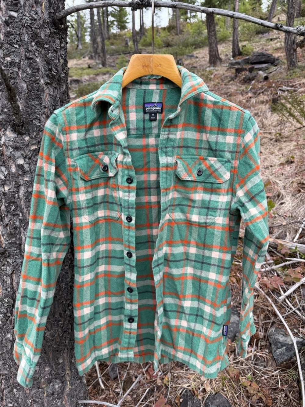 Patagonia Green Cream Orange Plaid Flannel Shirt XS
